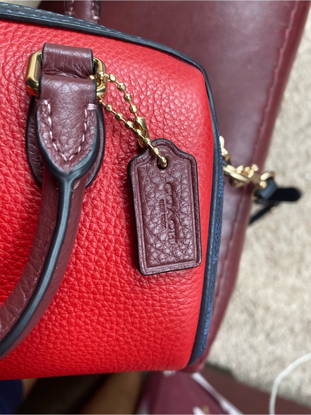 Coach Mini Satchel in Red with Brown Handles and Black Strap - Picture 4 of 7